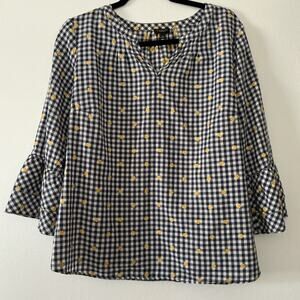 Talbots Gingham Floral Embroidered Boho Blouse Ruffle Sleeve Cotton XP Petite